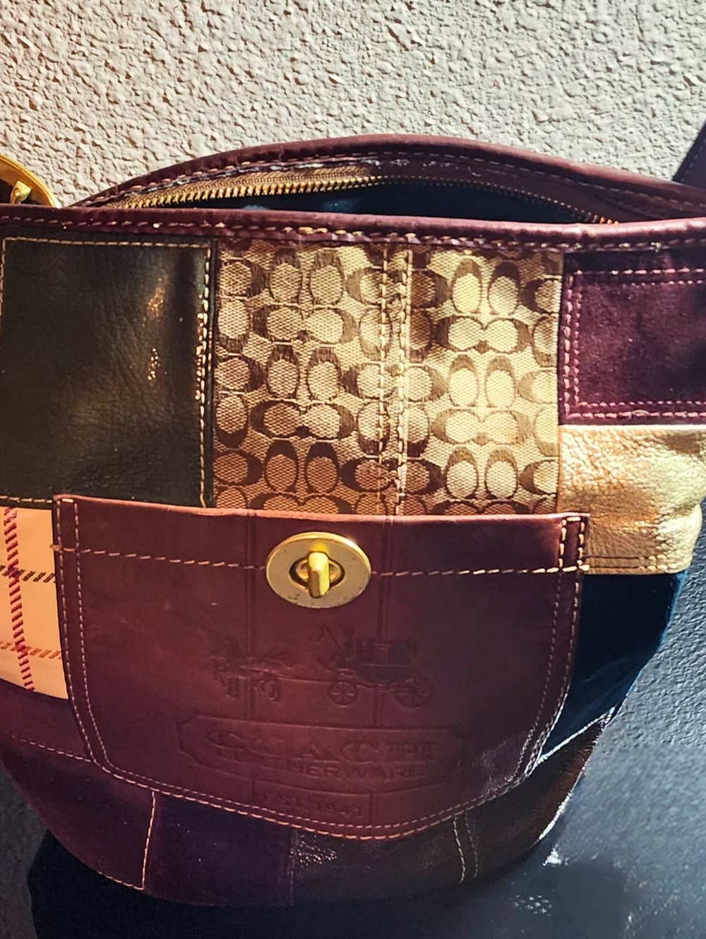 Coach Women’s Medium Multi Textured Patchwork Bucket Purse Cognac Logo
